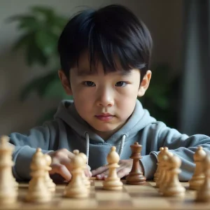 10-летний шахматист из Казахстана с серьезным лицом сосредоточенно играет в шахматы
