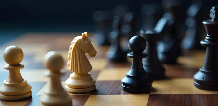 Шахматная доска с фигурами, белый конь стоит напротив чёрной пешки