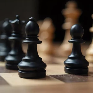 Oskemen Open 2025: Ряд чёрных шахматных фигур, с фокусом на слоне и пешке