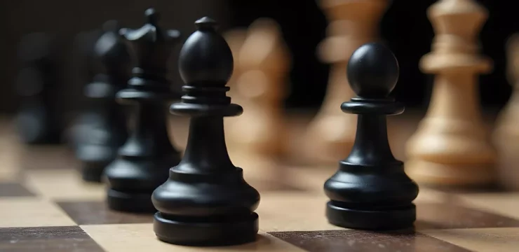 Oskemen Open 2025: Ряд чёрных шахматных фигур, с фокусом на слоне и пешке